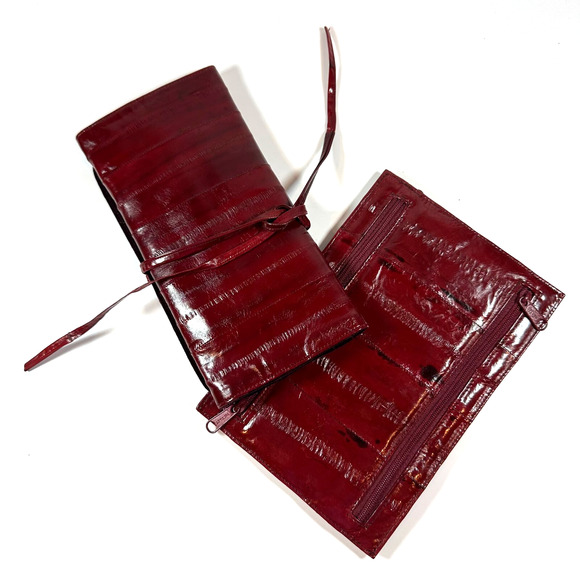 Victory VTG Made in Korea Handbags - VTG Victory Eel Skin Leather Red Jewelry Holder and Zip Pouch Set, Travel